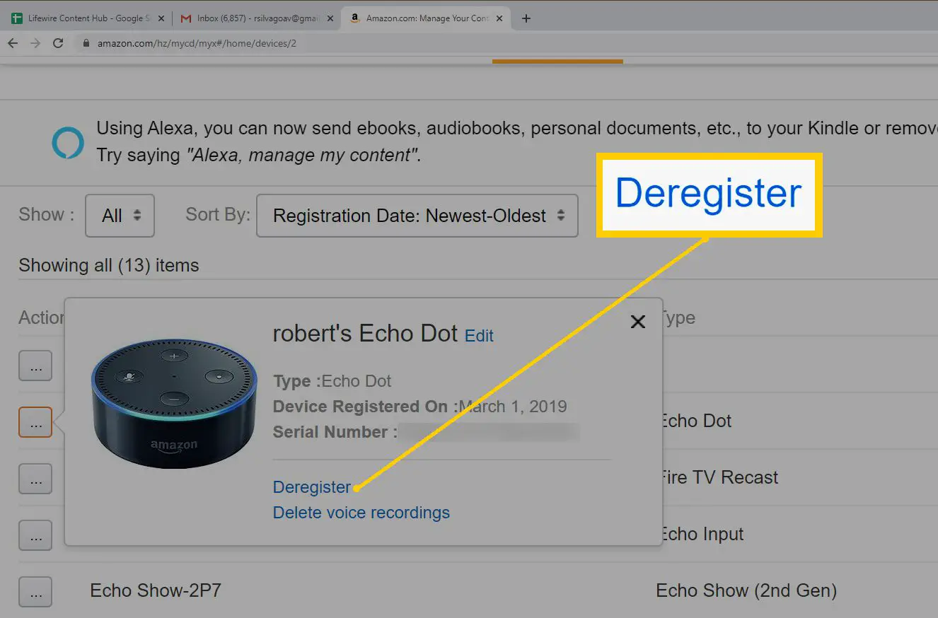Dispositivo e conteúdo do navegador da Web da Amazon - Selecione o dispositivo para cancelar o registro da lista