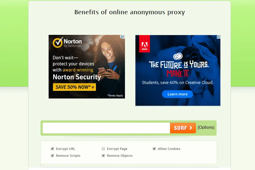 Captura de tela do site de proxy da web anônimo gratuito Zend2