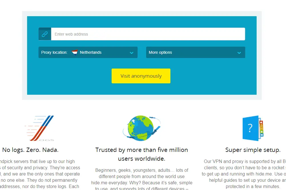 Captura de tela do site de proxy da web gratuito hide.me