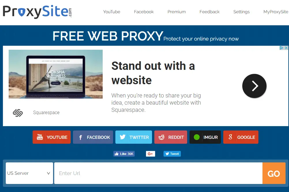 Captura de tela do site de proxy da web anônimo gratuito ProxySite.com