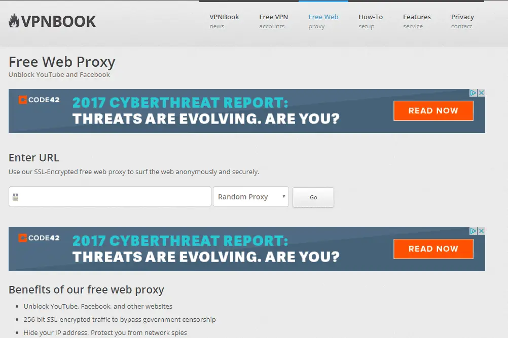 Captura de tela do site de proxy da web gratuito VPNBook