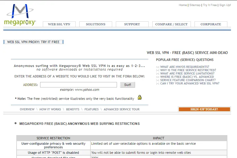 Captura de tela do site de proxy da web anônimo Megaproxy