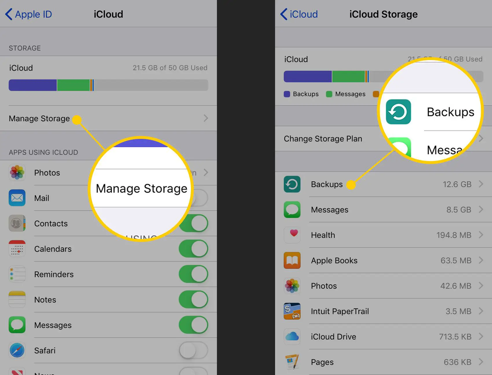 Gerenciar opções de armazenamento e backups no iCloud Storage