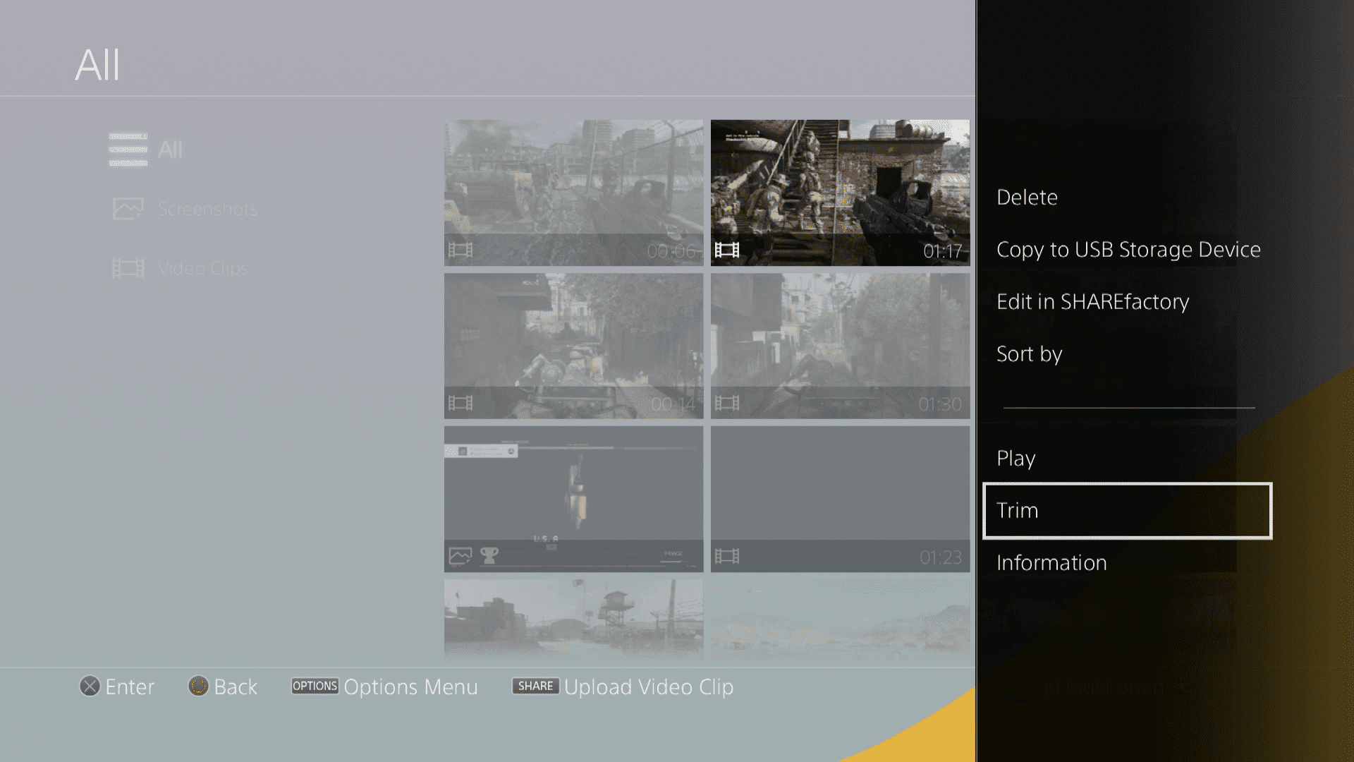 Uma captura de tela das opções do visualizador de clipes do PS4.