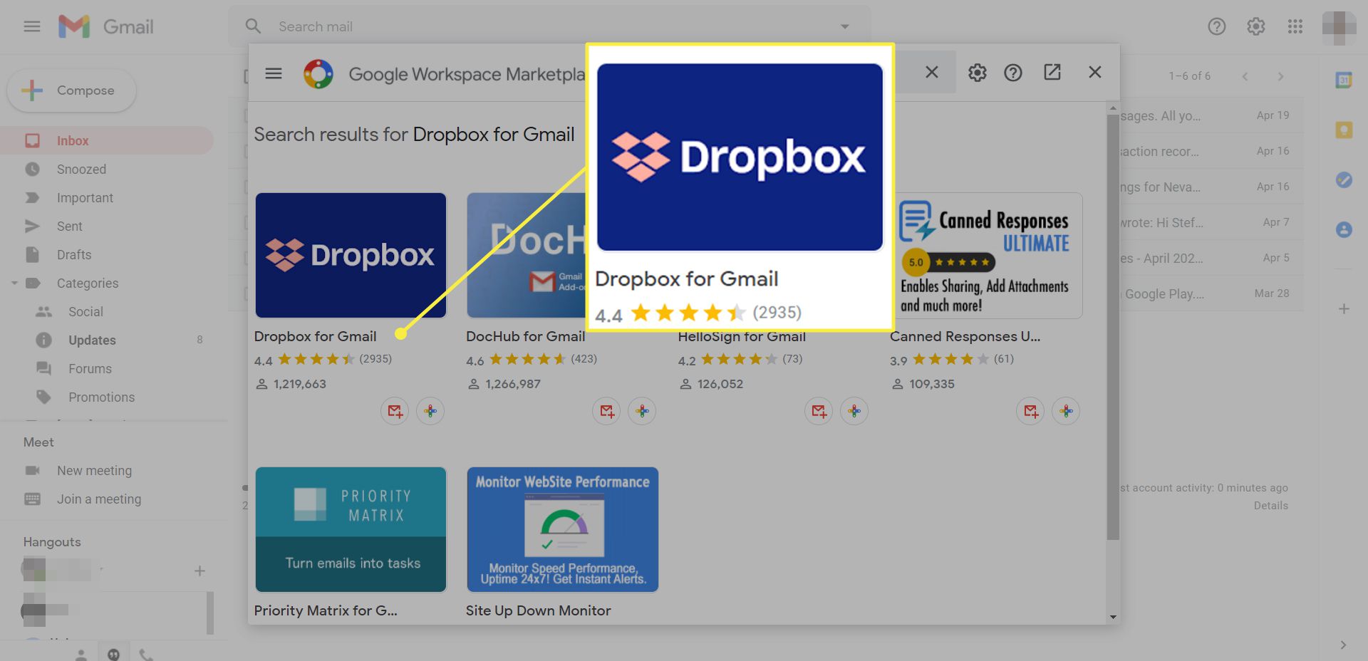 Um usuário do Gmail procura o complemento Dropbox