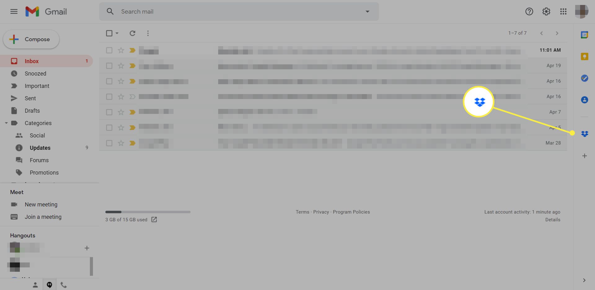 O ícone de complemento Dropbox para Gmail em uma caixa de entrada do Gmail