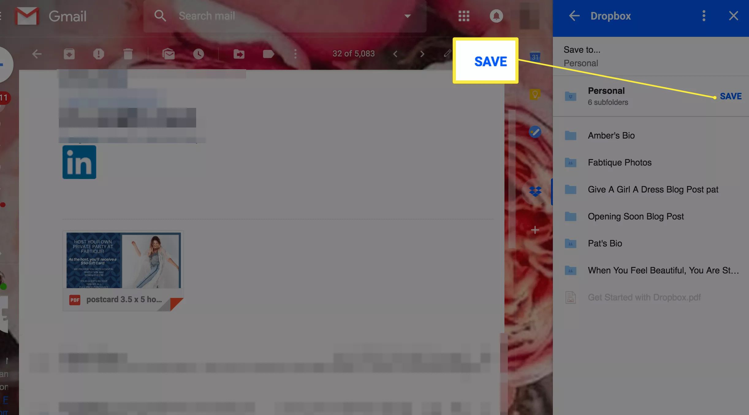O add-on Dropbox para Gmail com a opção Salvar destacada