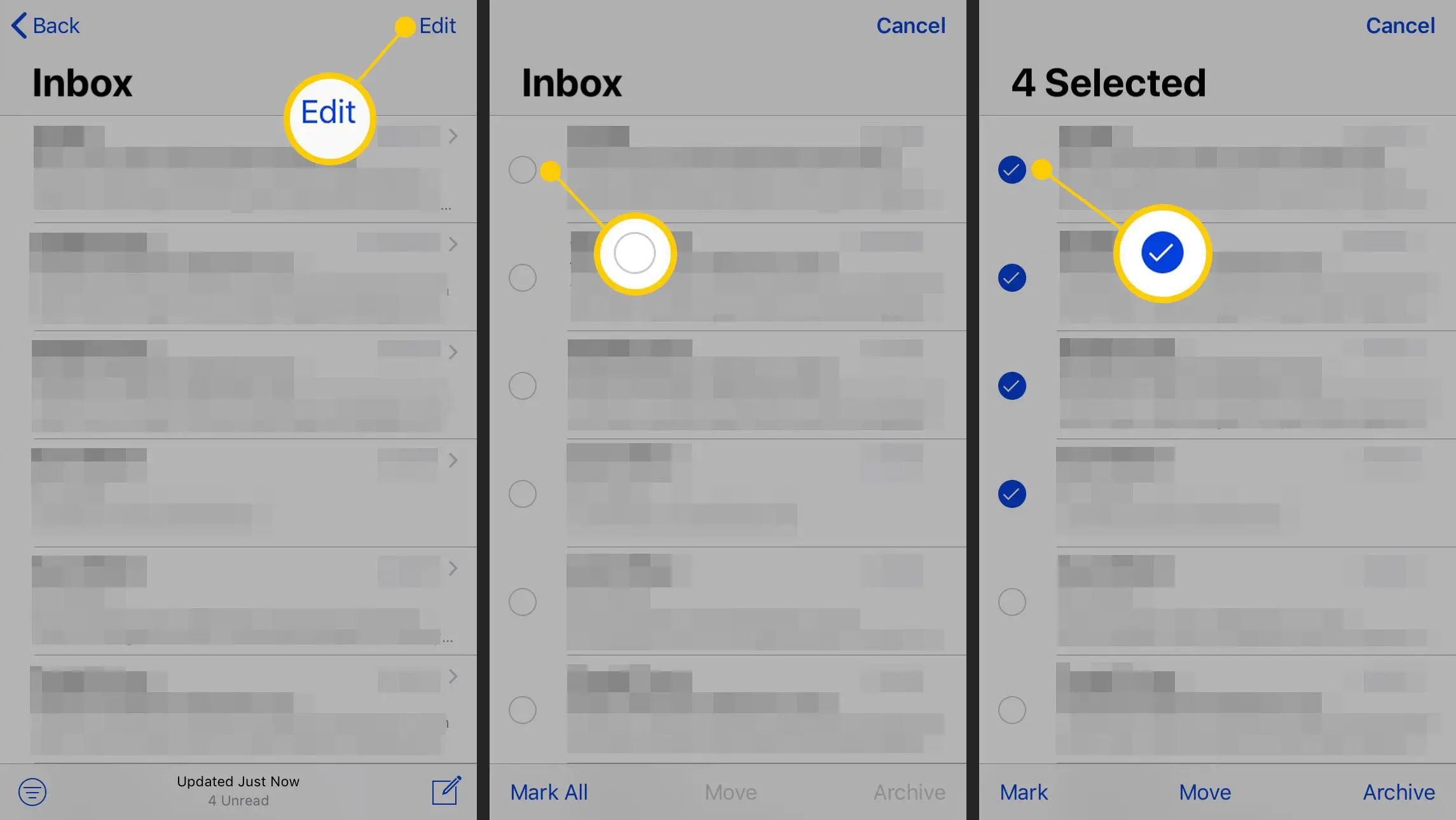 Seleção de mensagens de e-mail em um iPhone