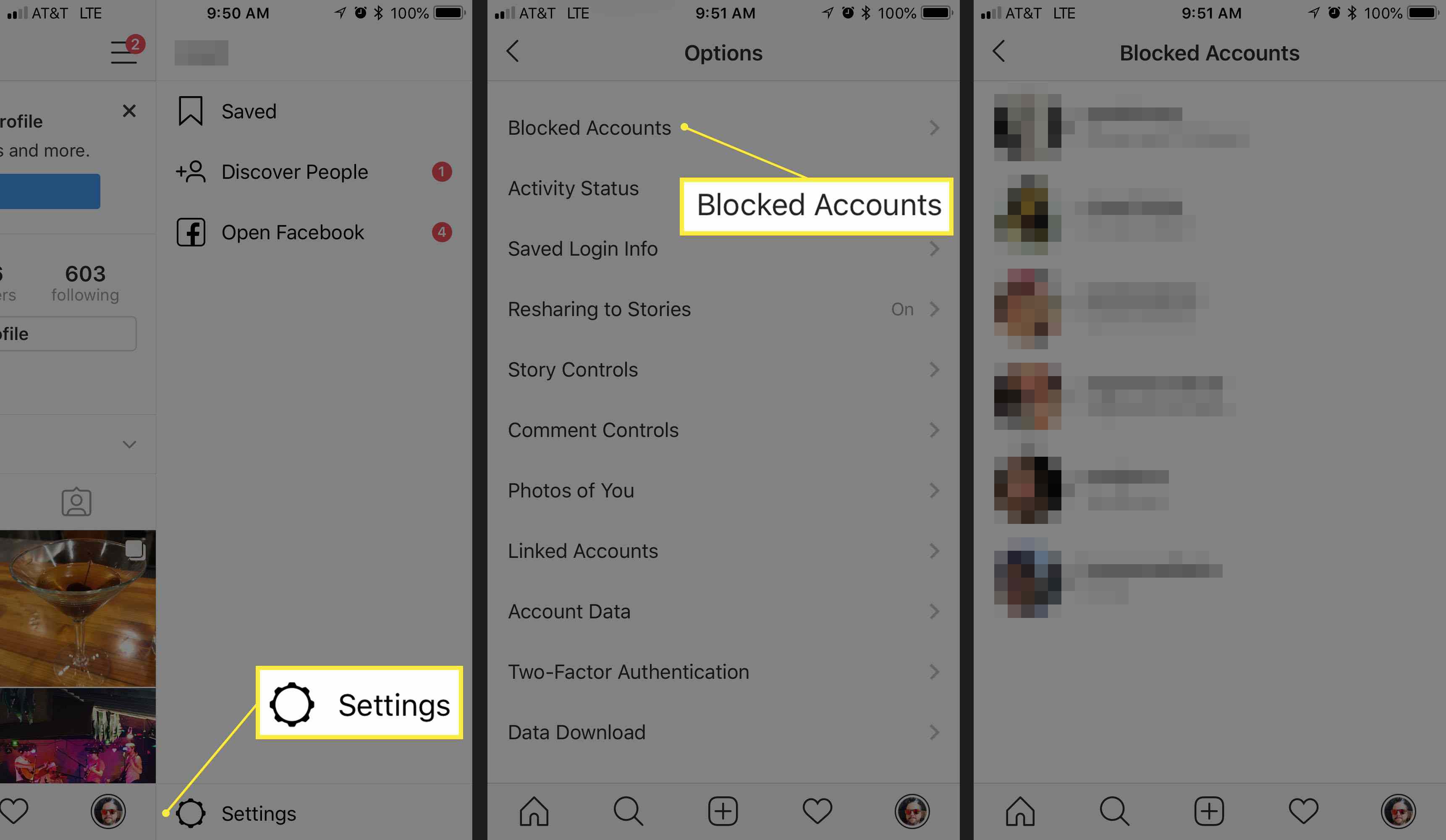 Interface de contas bloqueadas no Instagram para iOS