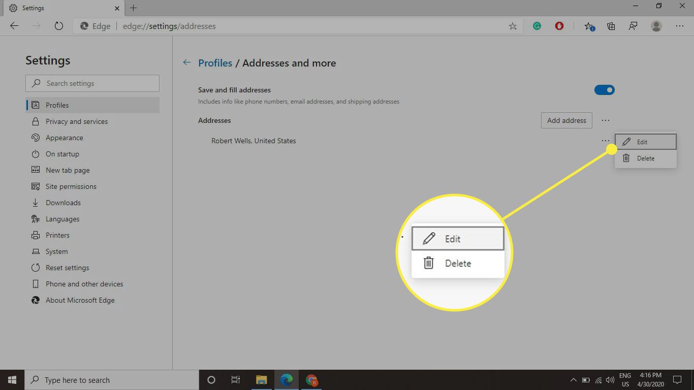 A tela Addresses and More no Edge com as opções Edit e Delete destacadas
