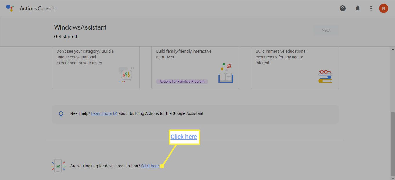 Clique aqui ao lado de Você está procurando o registro do dispositivo no console do Google Actions