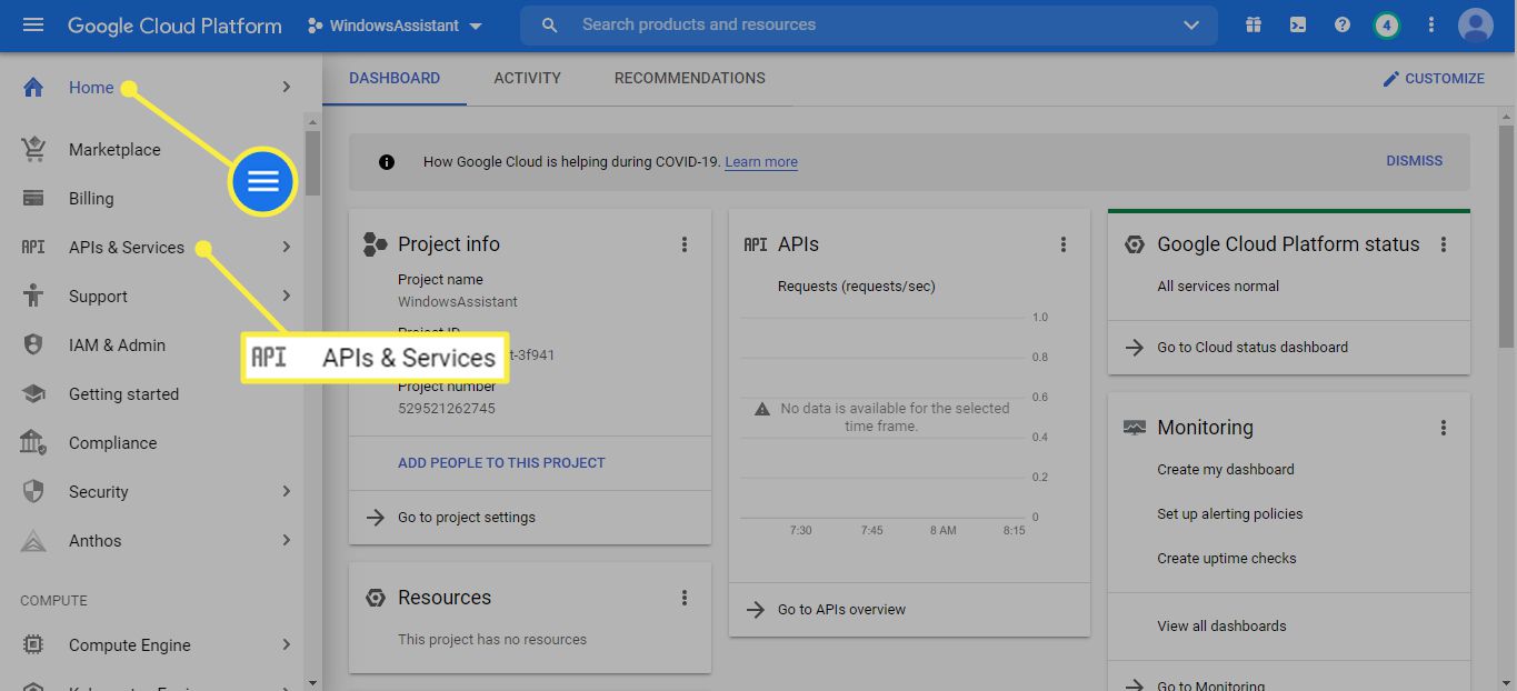 Ícone de menu e APIs e serviços no Google Cloud Platform