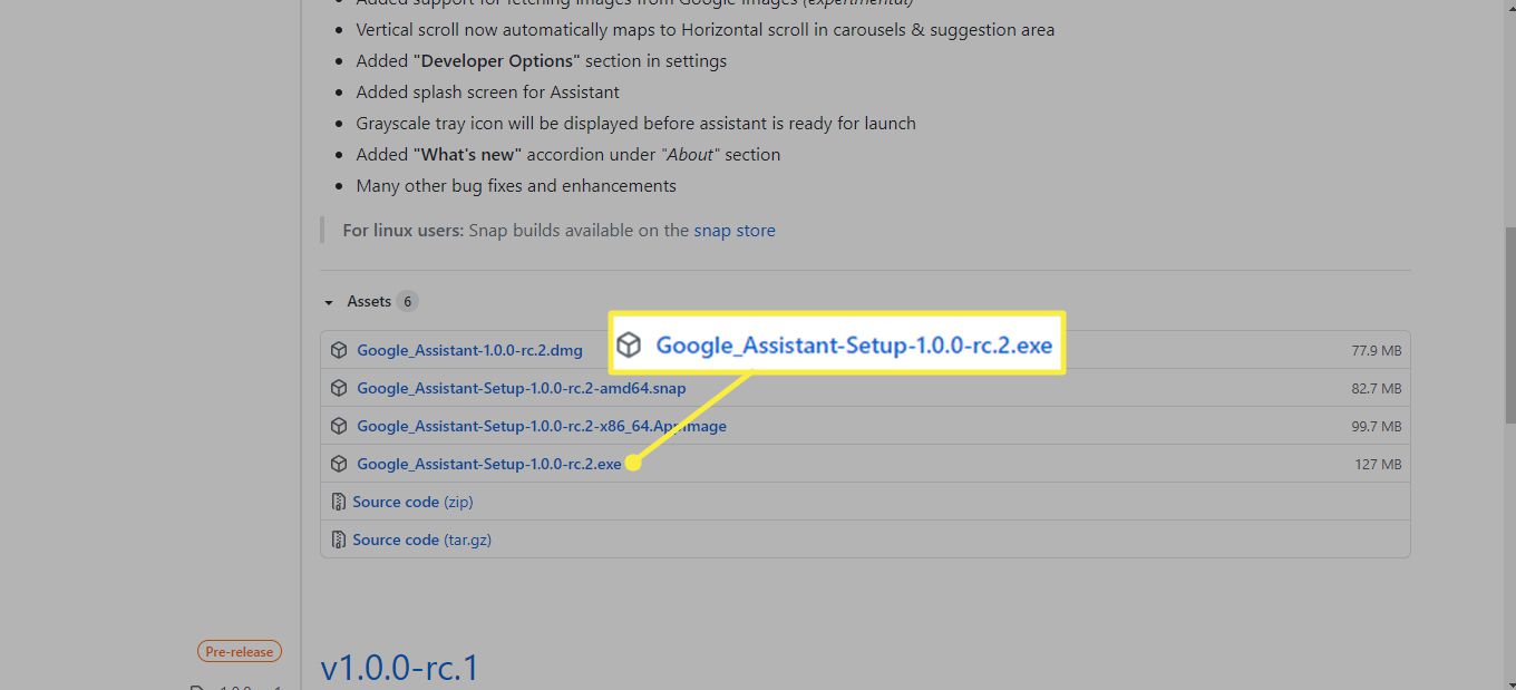 Arquivo Google_Assistant-Setup-1.0.0-rc.2.exe na página de download não oficial do Google Assistant