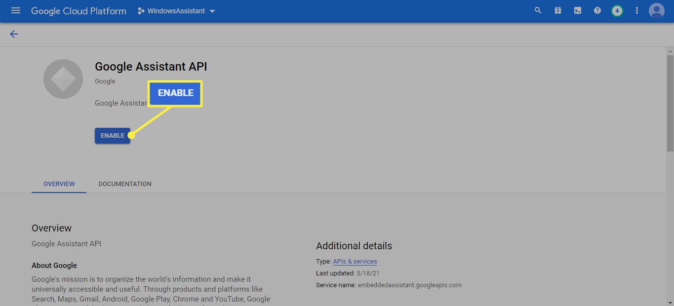 Ative a API do Google Assistant no Google Cloud Platform
