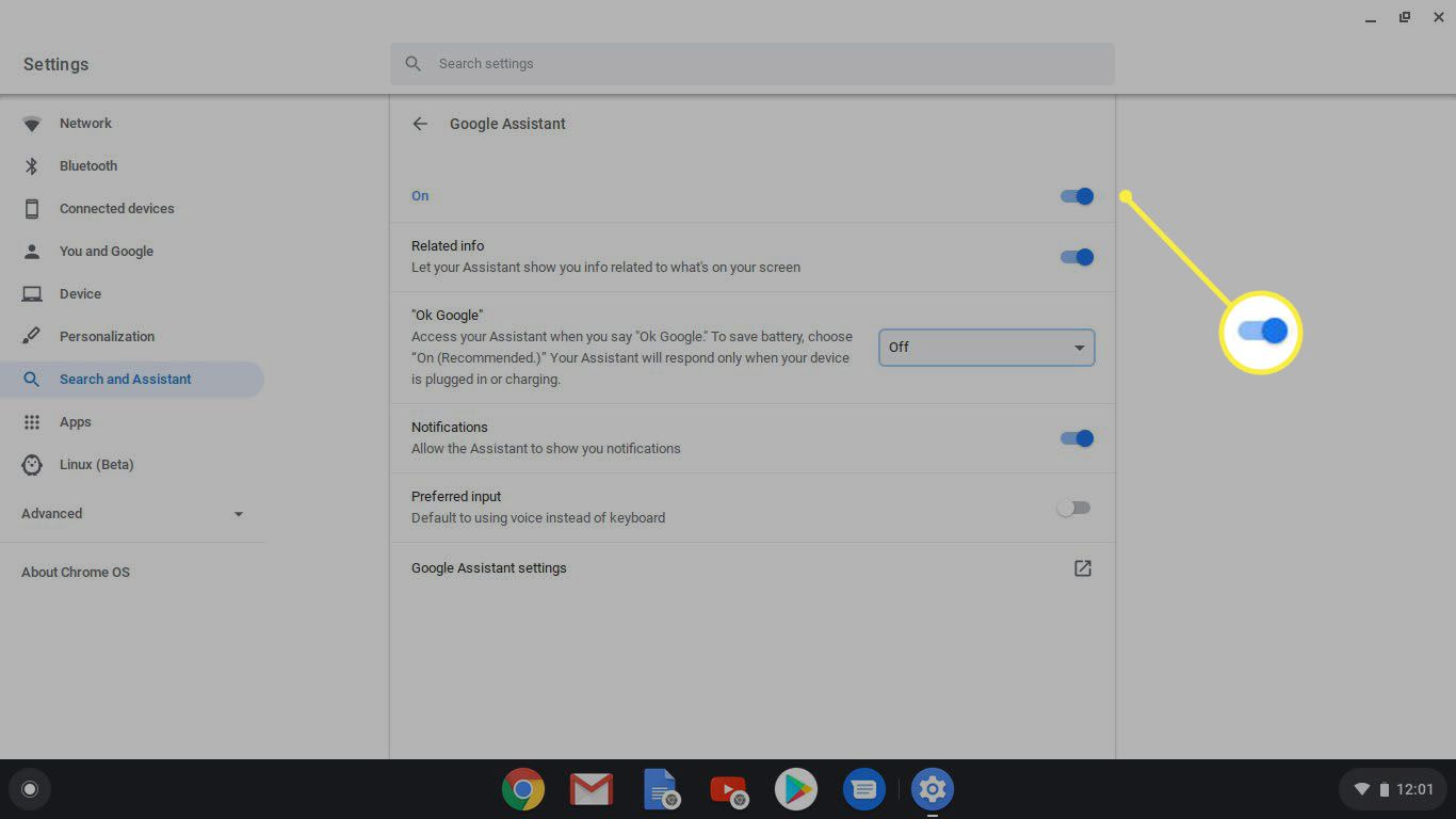 Configurações do Google Assistente no Chromebook.