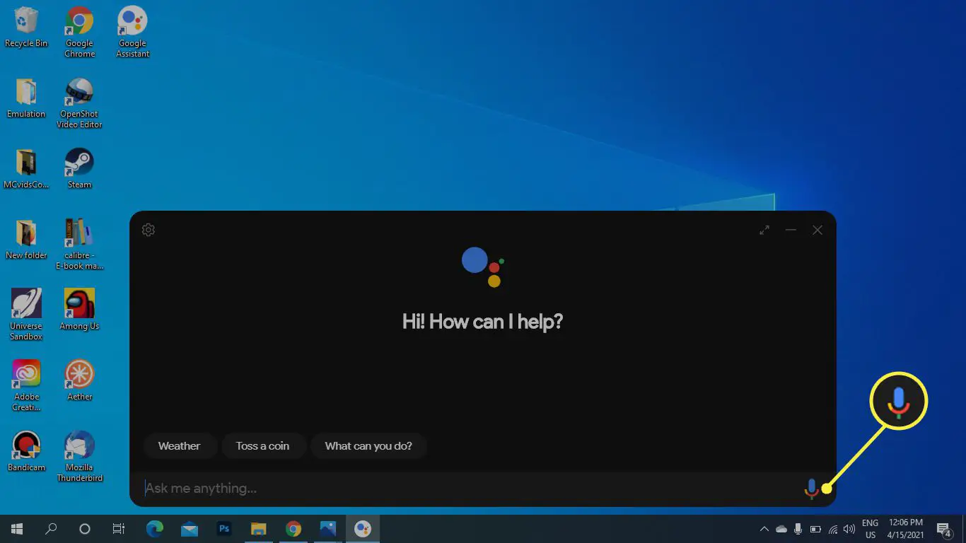 Ícone do microfone no Google Assistente do Windows