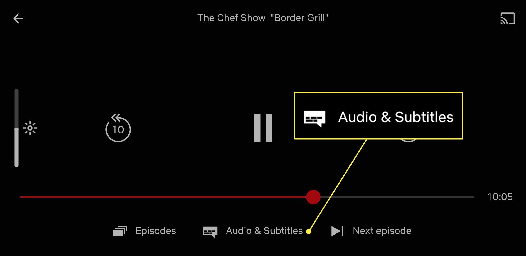 Uma captura de tela do Netflix em execução em um dispositivo móvel com o título Áudio e legendas destacado