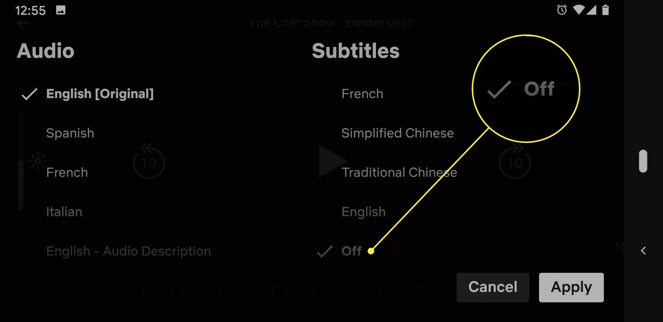 Uma captura de tela do menu Áudio e legendas no Netflix com a opção Desligado destacada