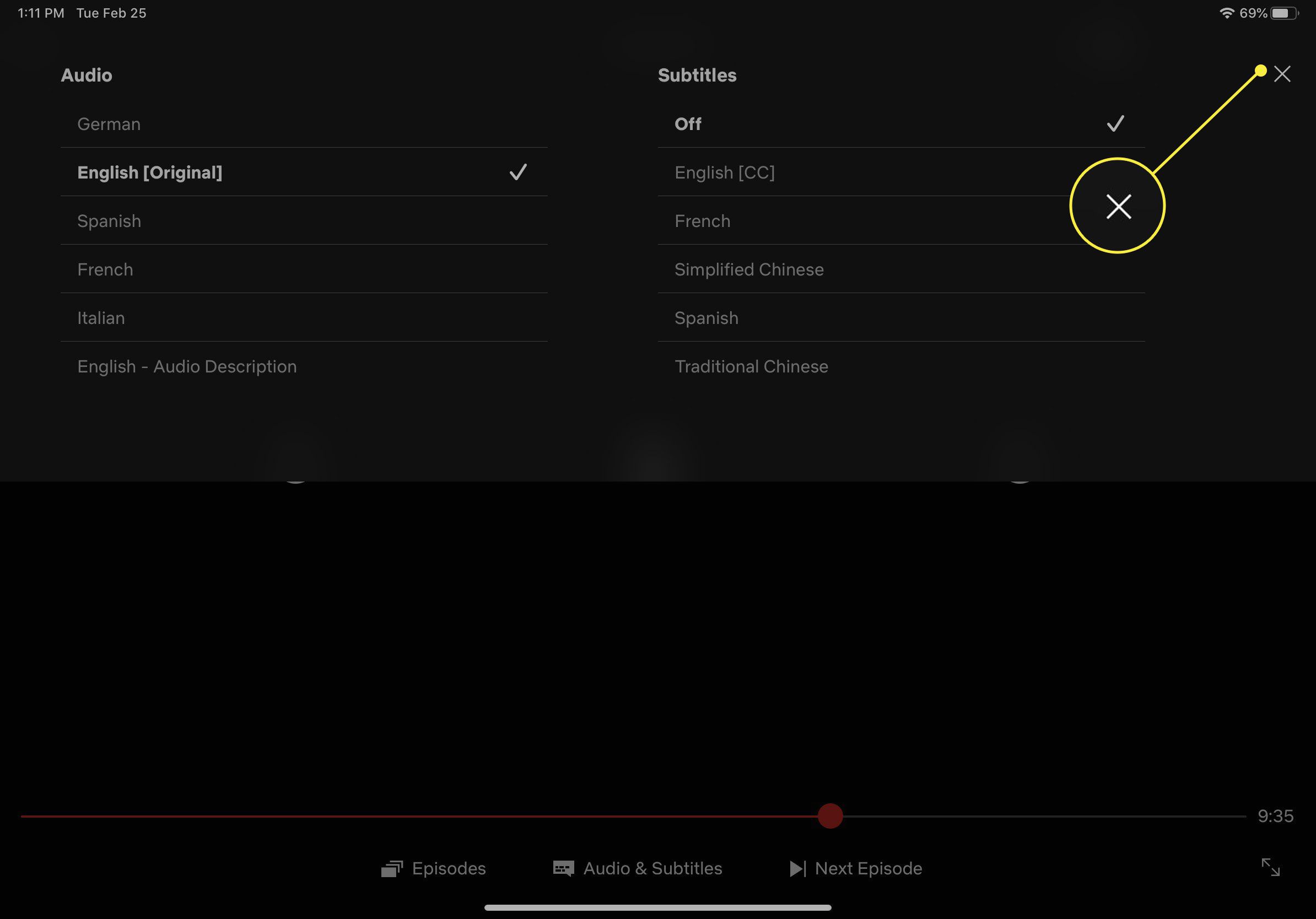 Uma captura de tela das configurações de áudio e legendas para Netflix no iOS com o botão X destacado
