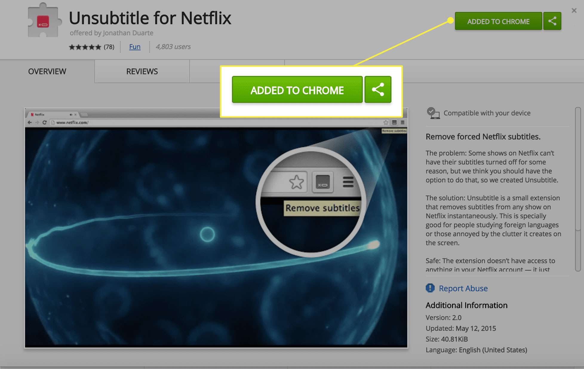 Uma captura de tela da página de extensão do Chrome sem legenda para Netflix com o botão Adicionar destacado
