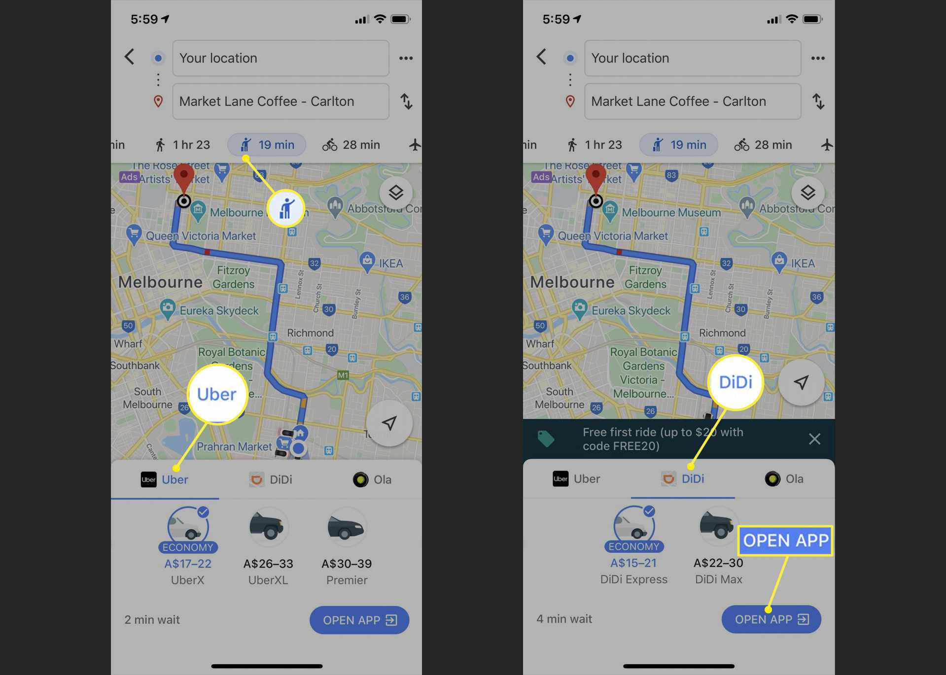 Opções de Uber e Didi no Google Maps