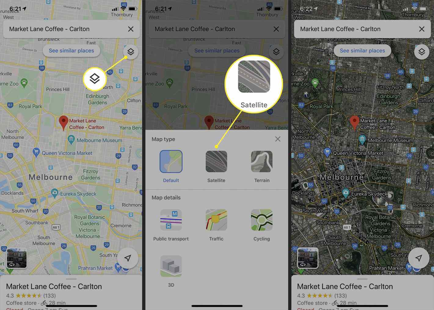 Opções de estilo do Google Maps no aplicativo Google Maps para iPhone