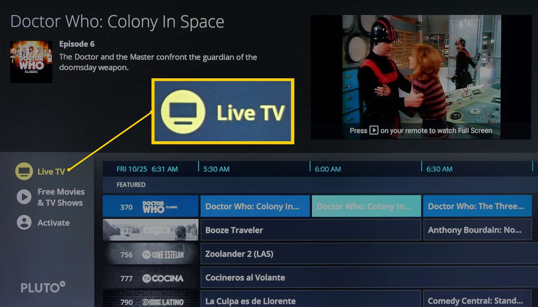 Pluto TV - página de listagem de TV ao vivo