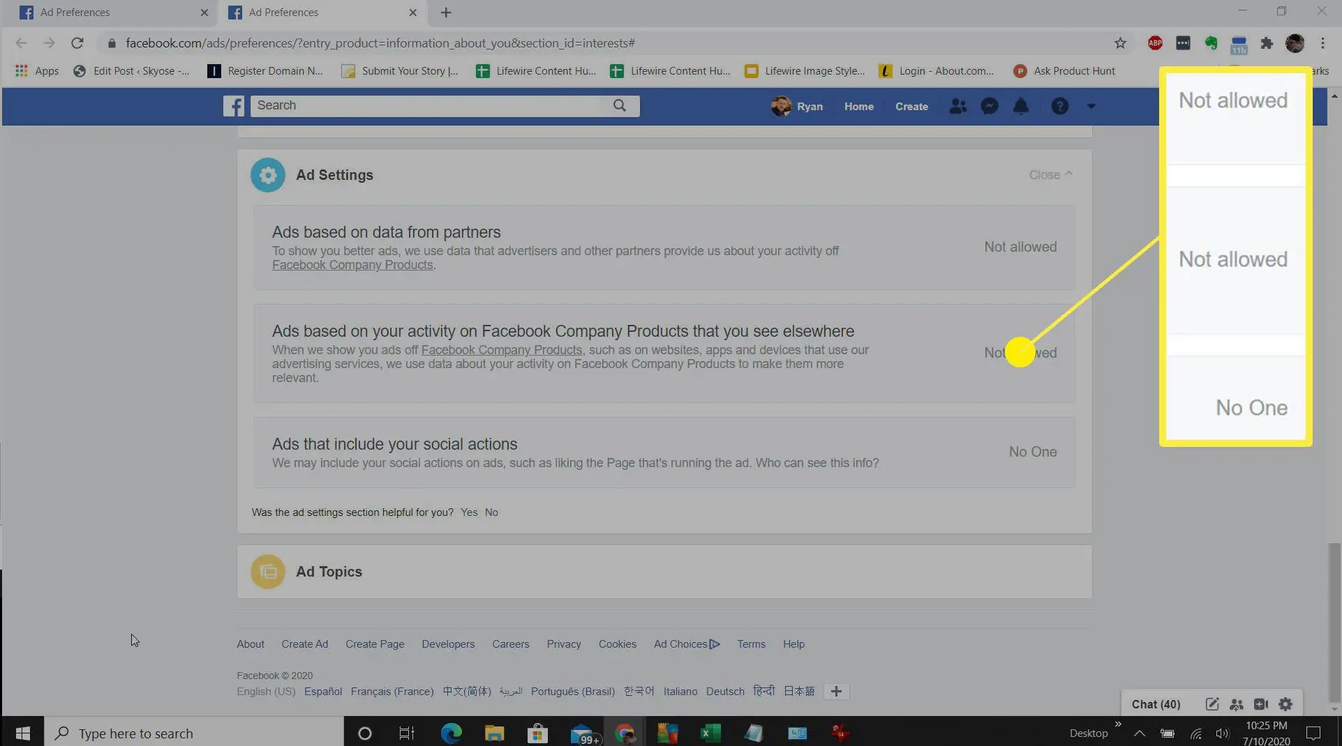 Captura de tela das configurações de anúncios no Facebook.