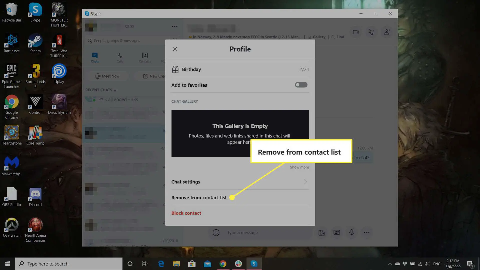 Uma captura de tela de um perfil do Skype com o botão Remover da lista de contatos destacado