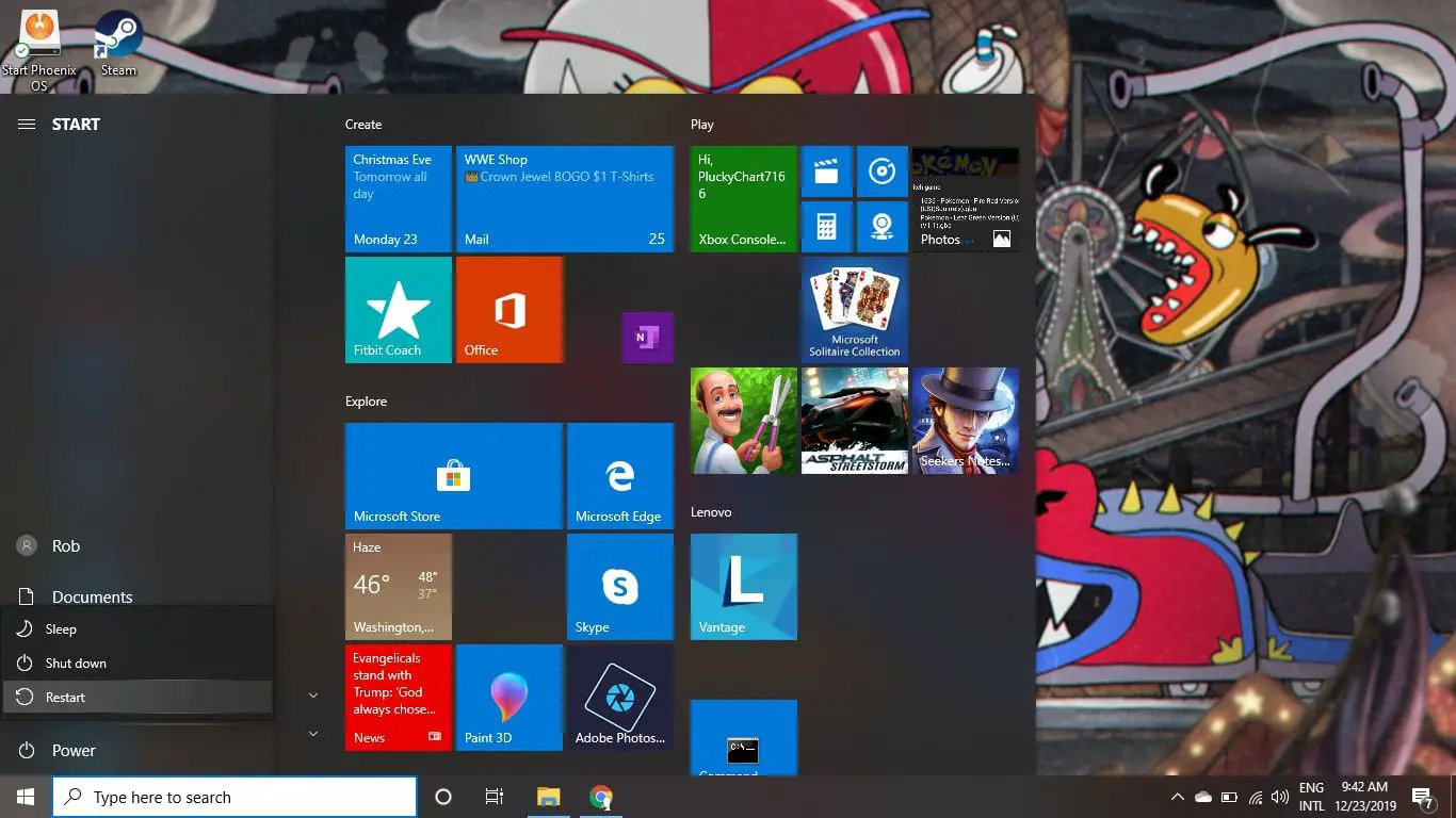 Opção de reinicialização no Windows 10