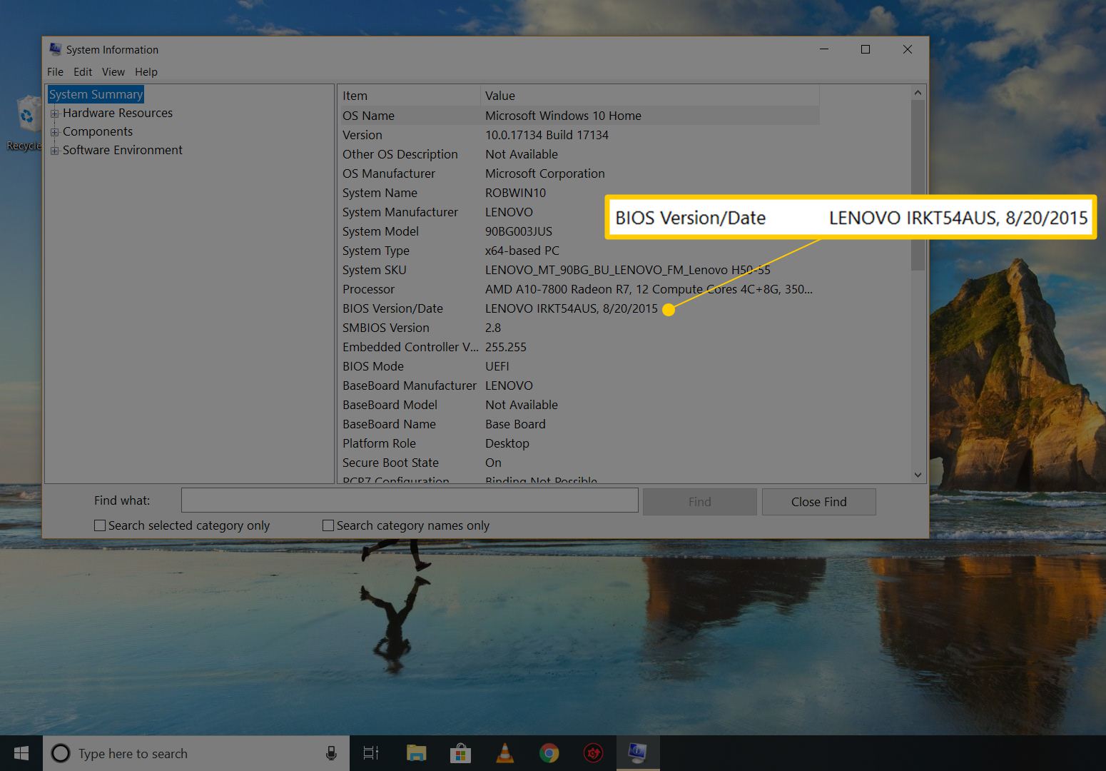 Versão / data do BIOS nas informações do sistema no Windows 10