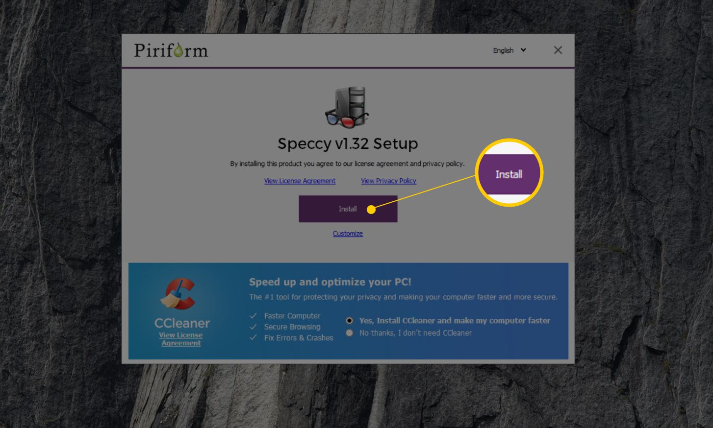 Botão de instalação para Speccy v 1.32 no Windows 10