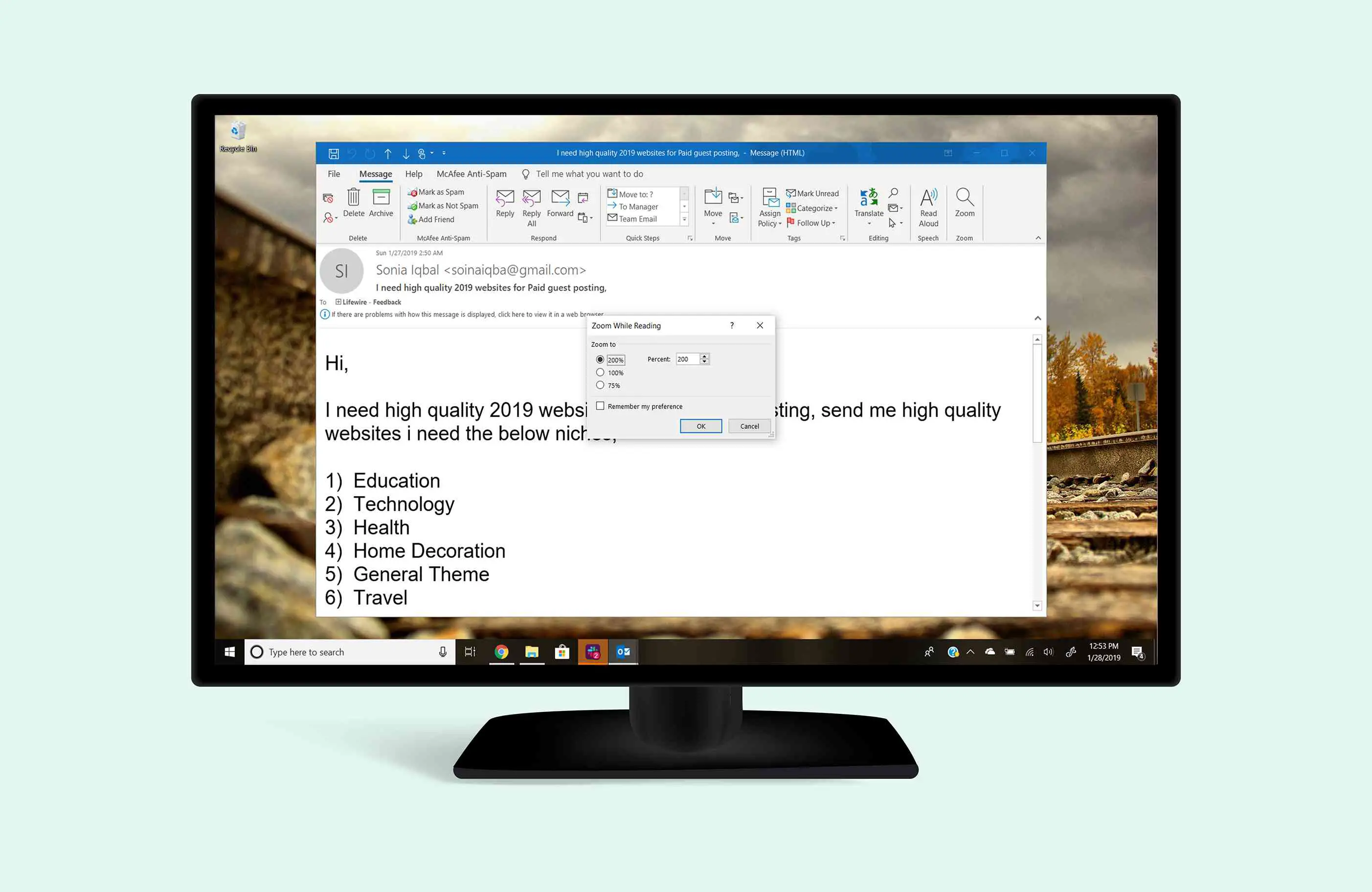 Outlook no Windows 10 mostrando a caixa de diálogo do tamanho da fonte