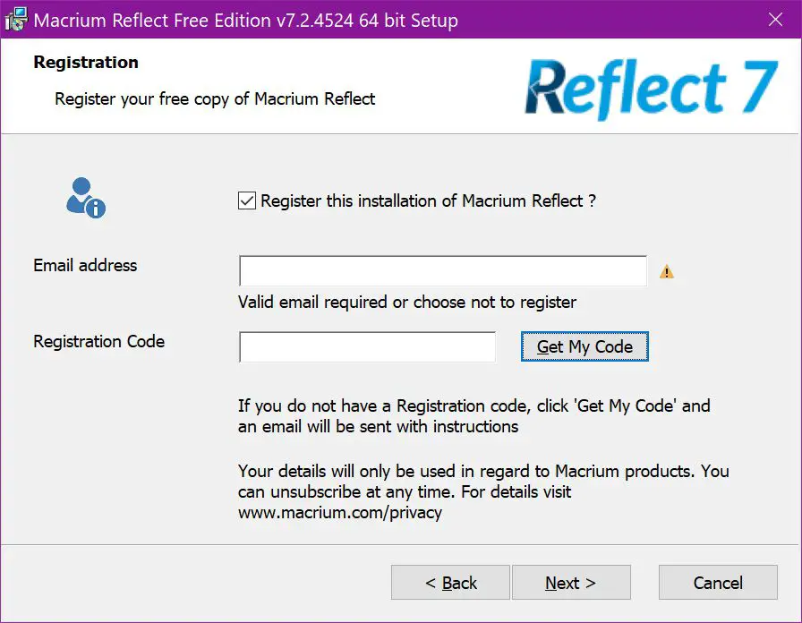 Registro do Macrium Reflect Free Edition