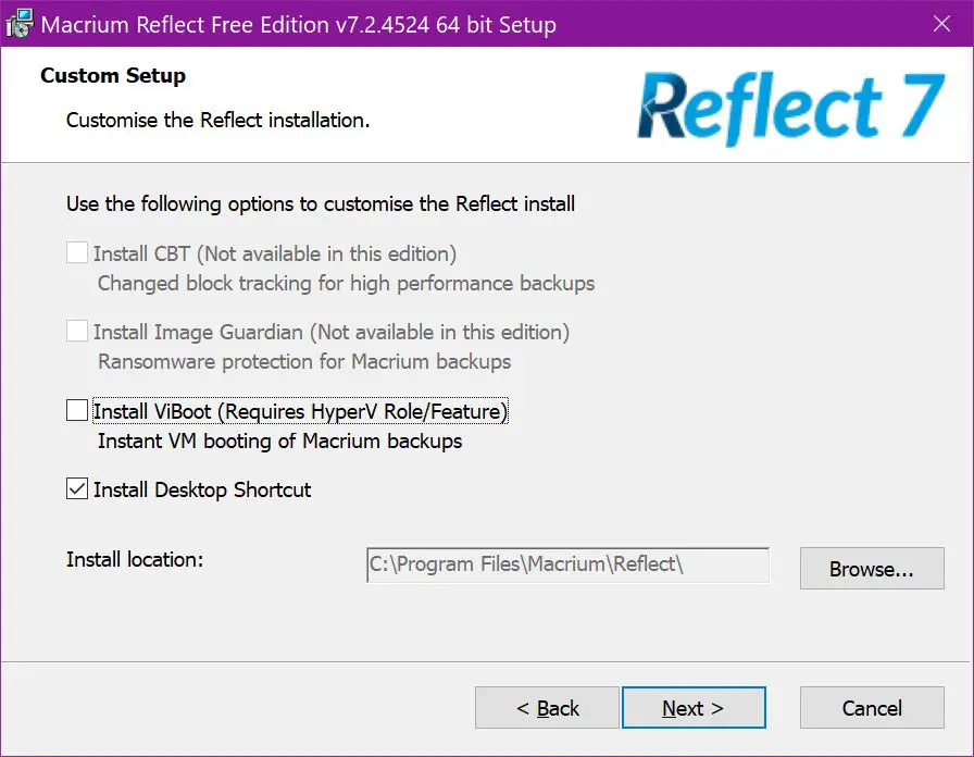 Configuração personalizada do Macrium Reflect Free Edition