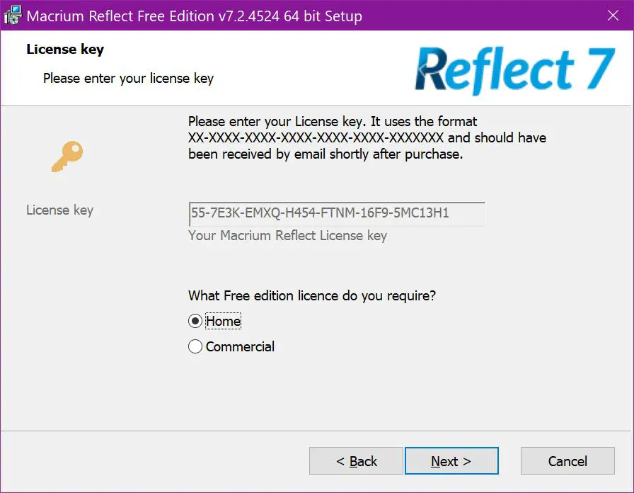Seleção da chave de licença do Macrium Reflect Free Edition