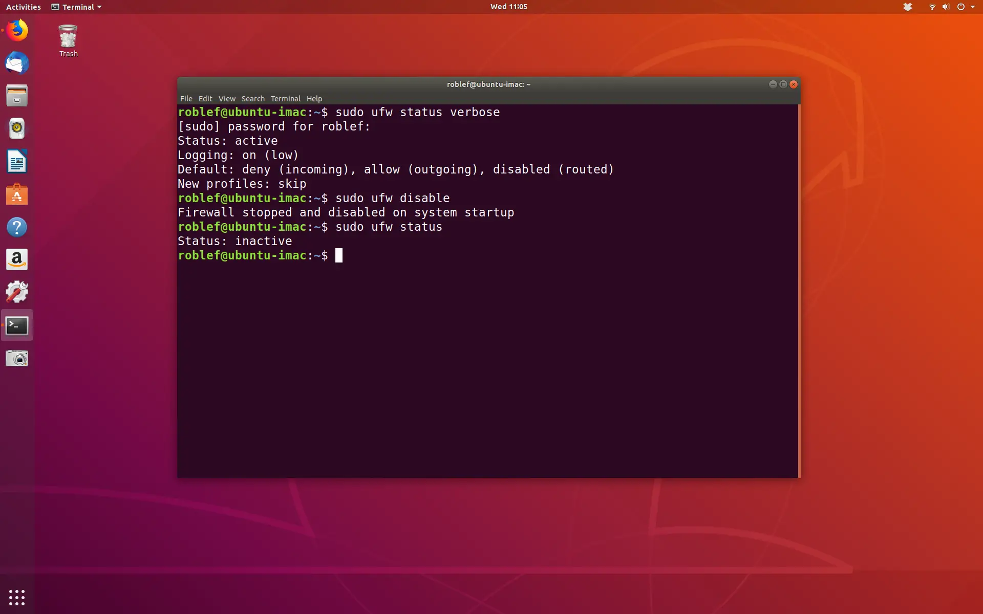 Terminal Ubuntu Linux mostrando o status do firewall e desativando-o