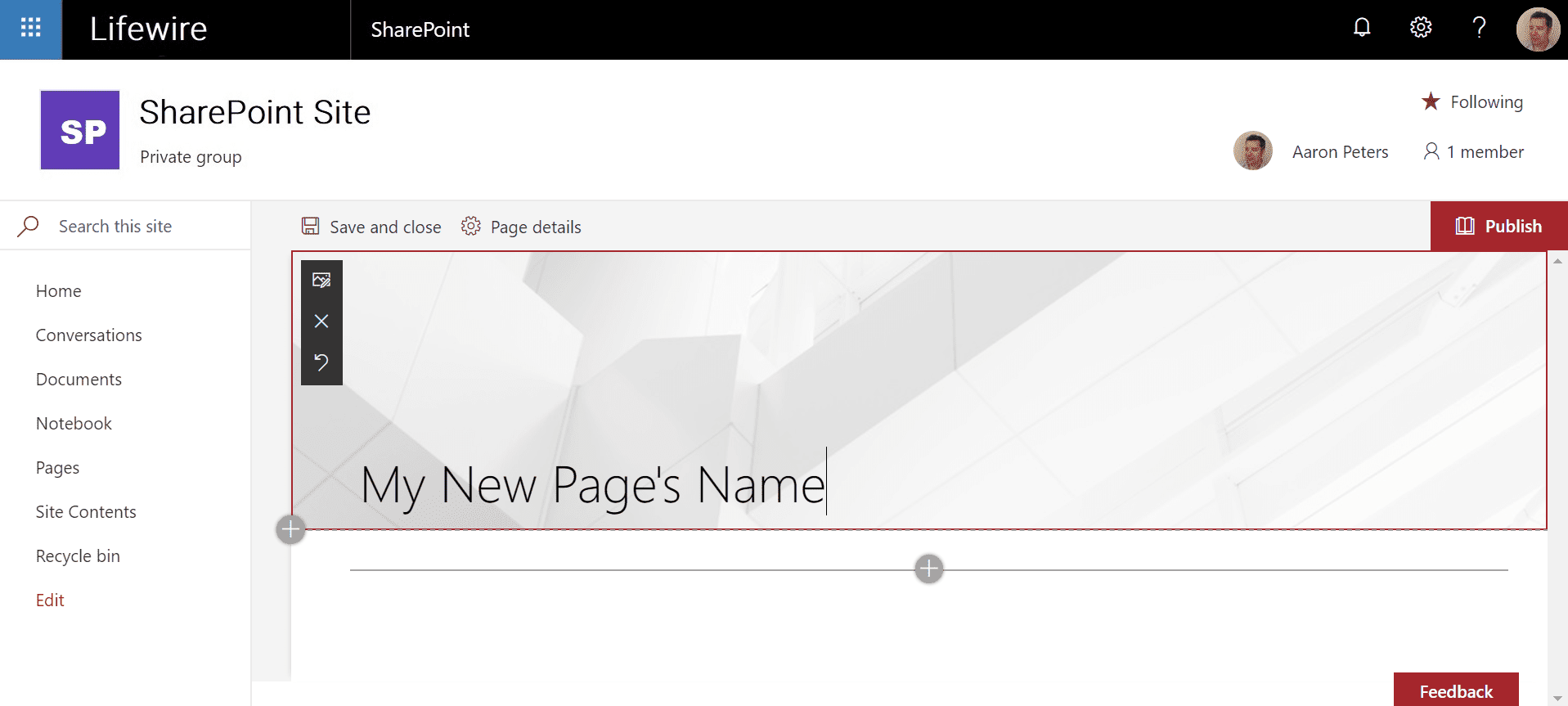 Nomeando uma nova página do SharePoint