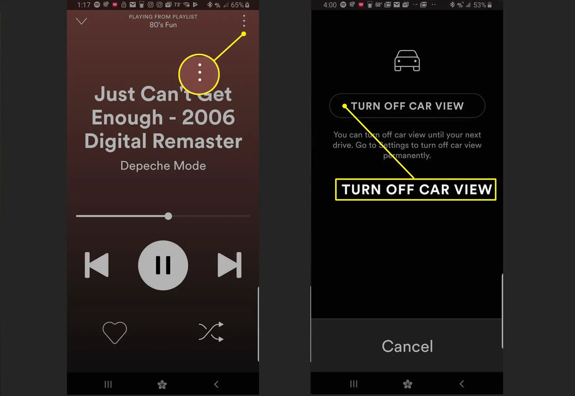 Aplicativo Spotify mostrando a opção Turn Off Car View