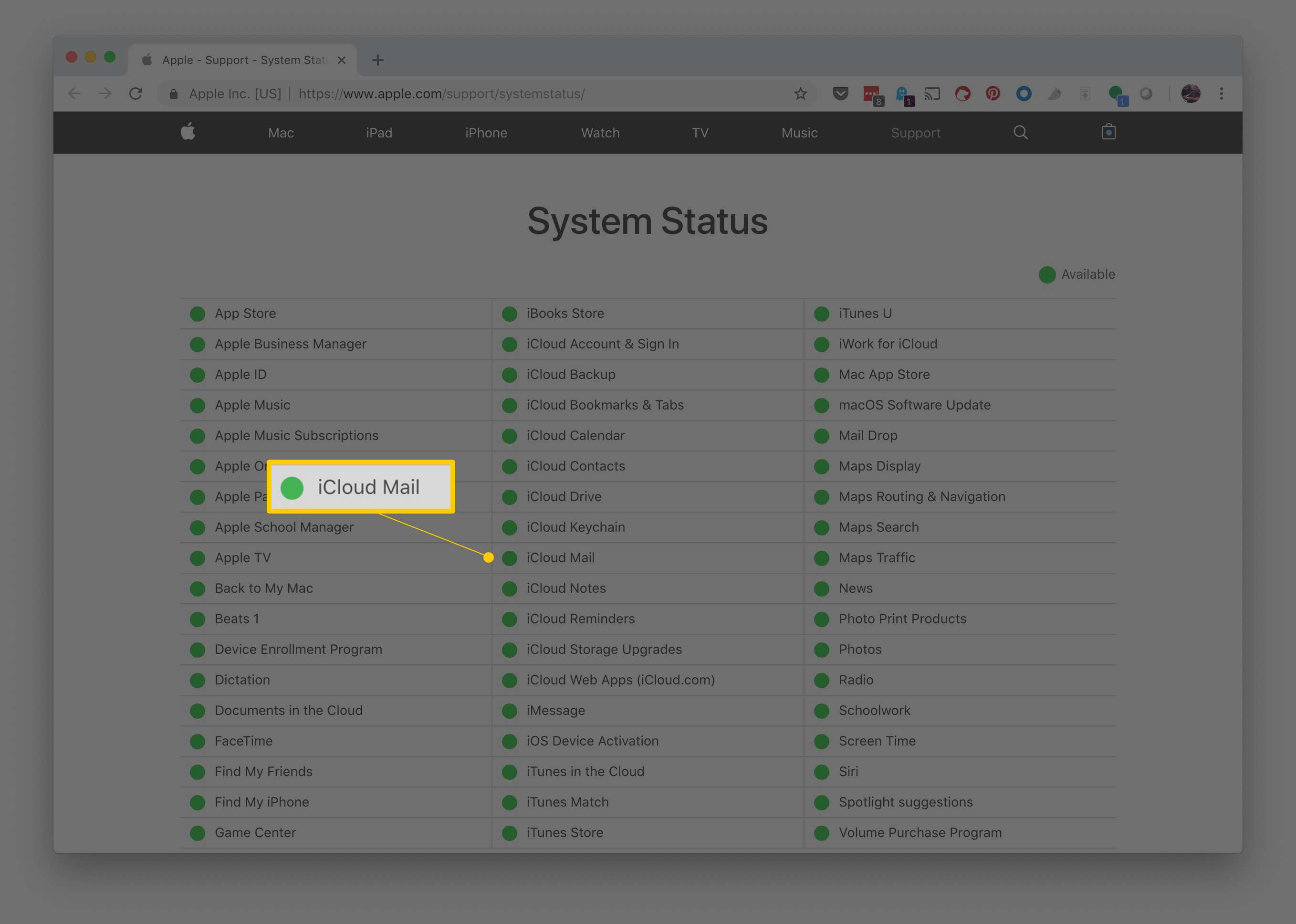 Status do sistema iCLoud Mail em iCloud.com