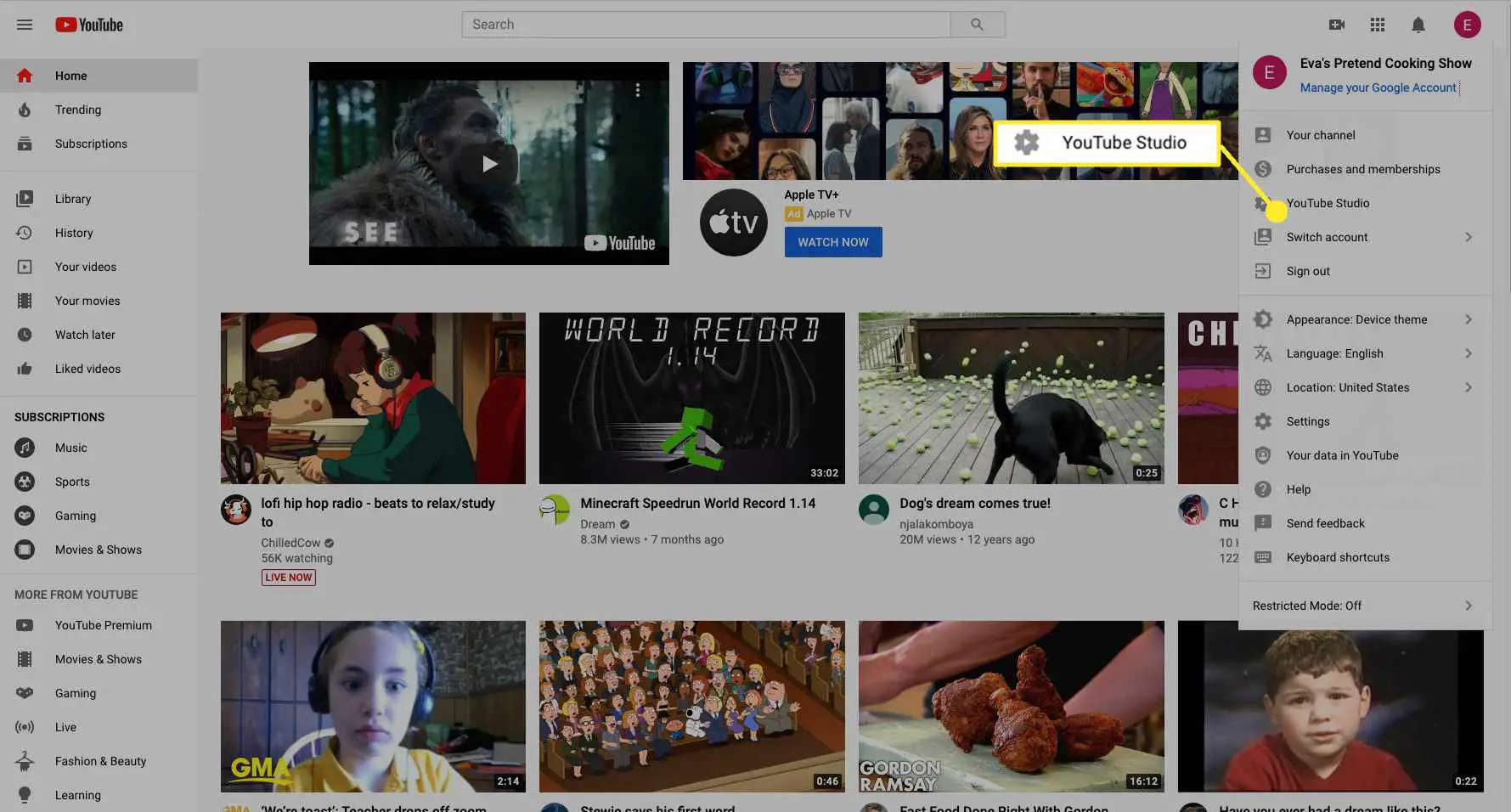 Selecione YouTube Studio para acessar o painel de seu canal.