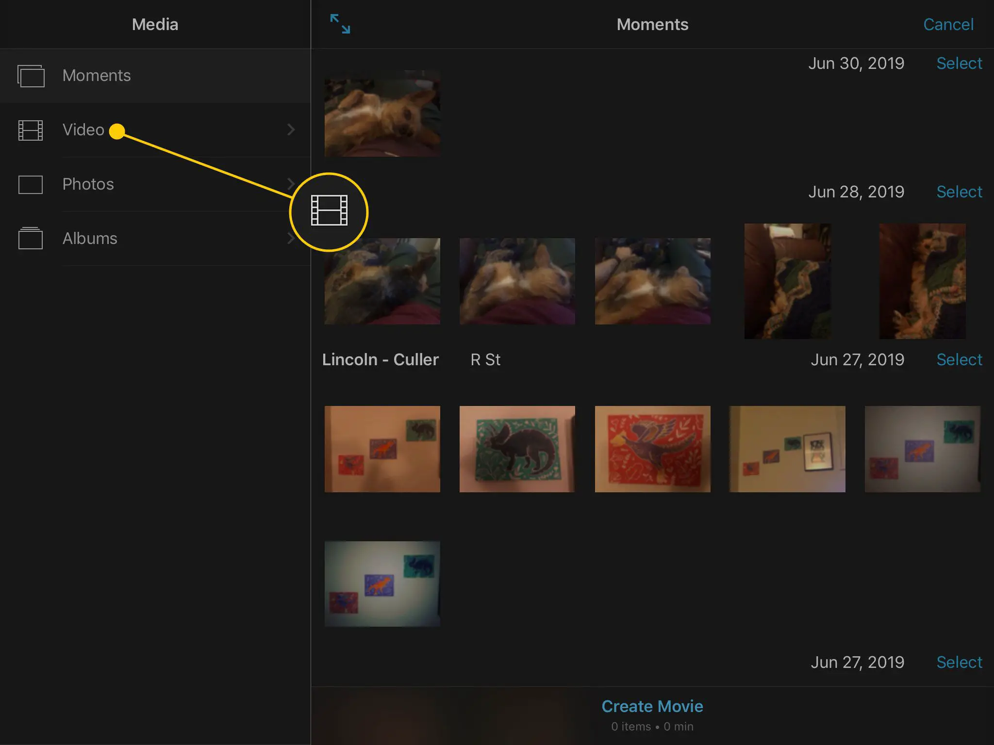 Seção de vídeo na página de mídia do iMovie para iPad