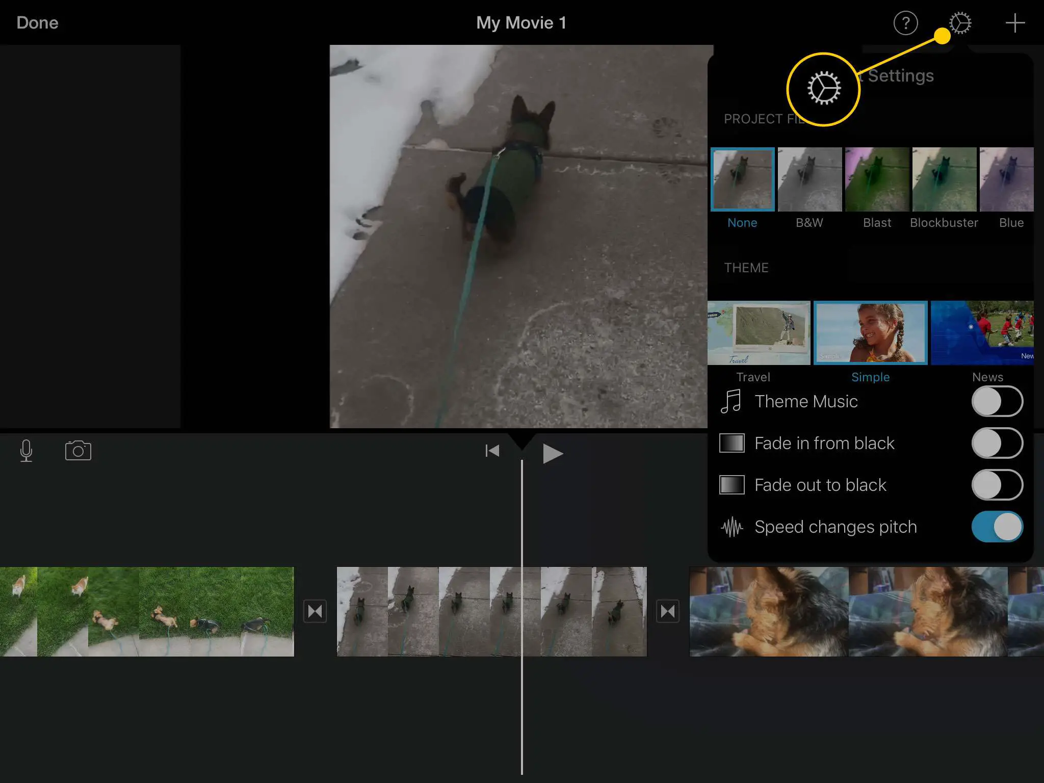 Menu de configurações no iMovie para iPad