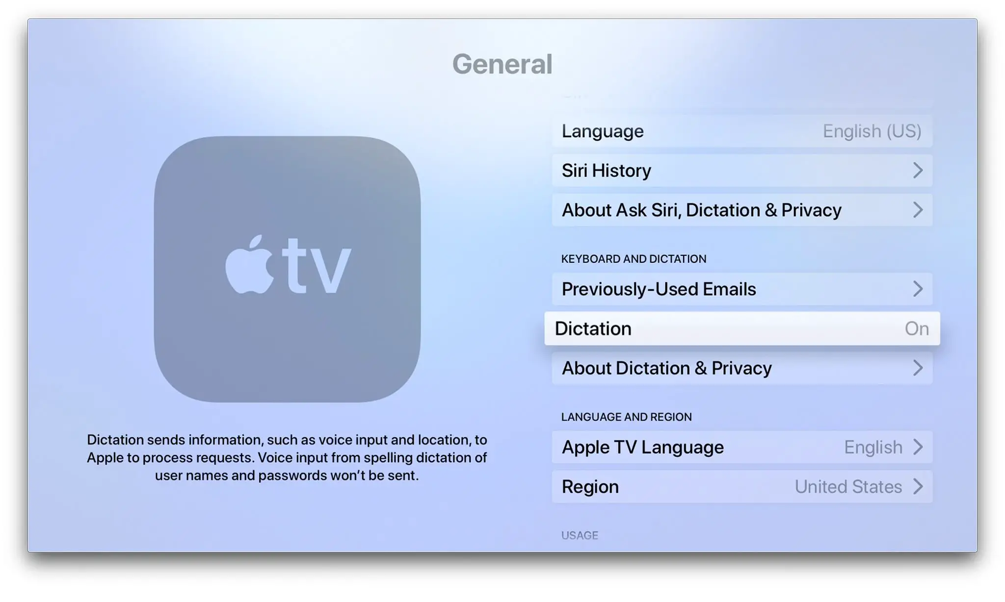 Configurações gerais na Apple TV