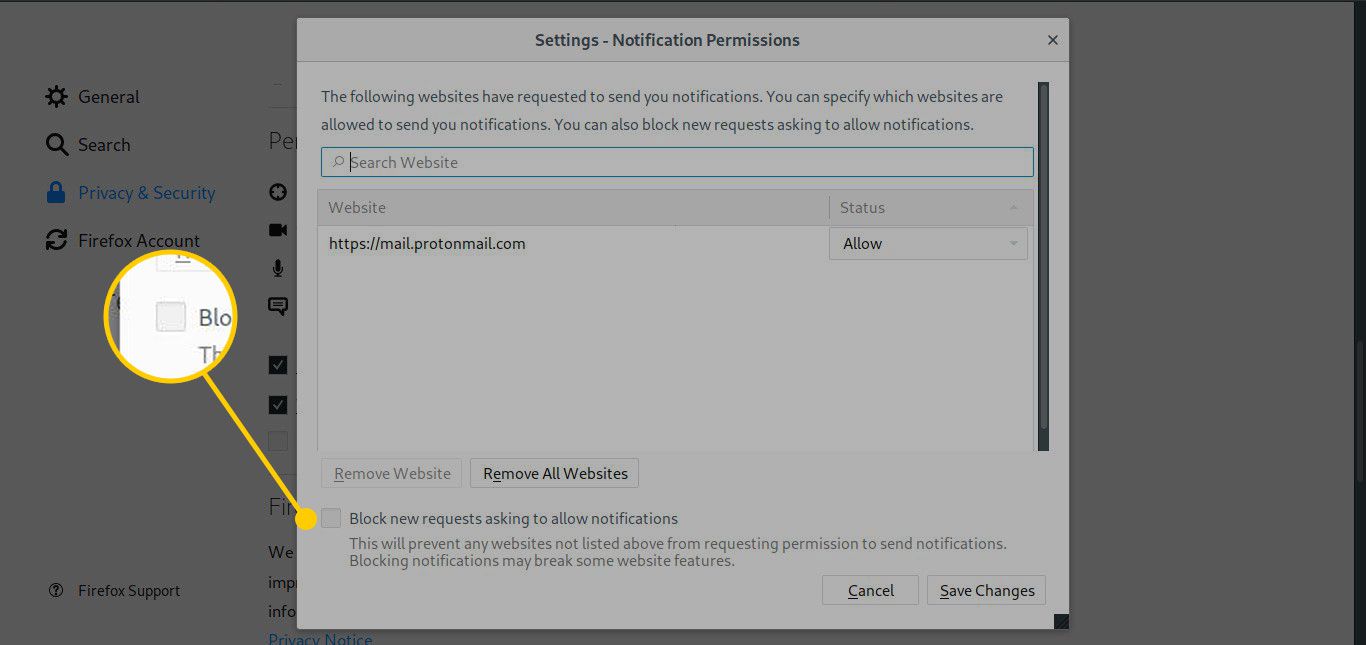 Permissões de notificação no Firefox com a caixa de seleção Bloquear novas solicitações destacada