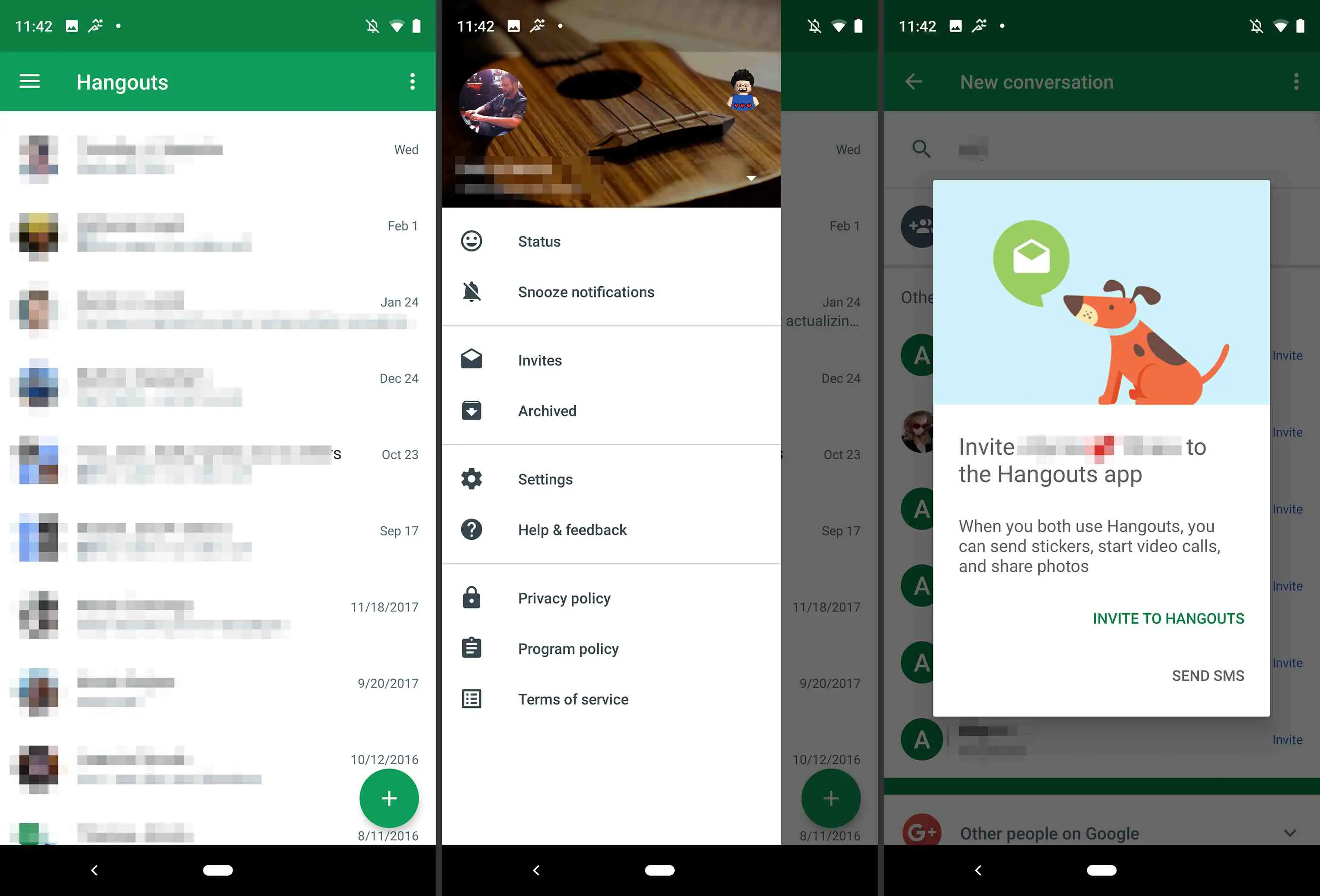 Três telas de Hangouts no Android