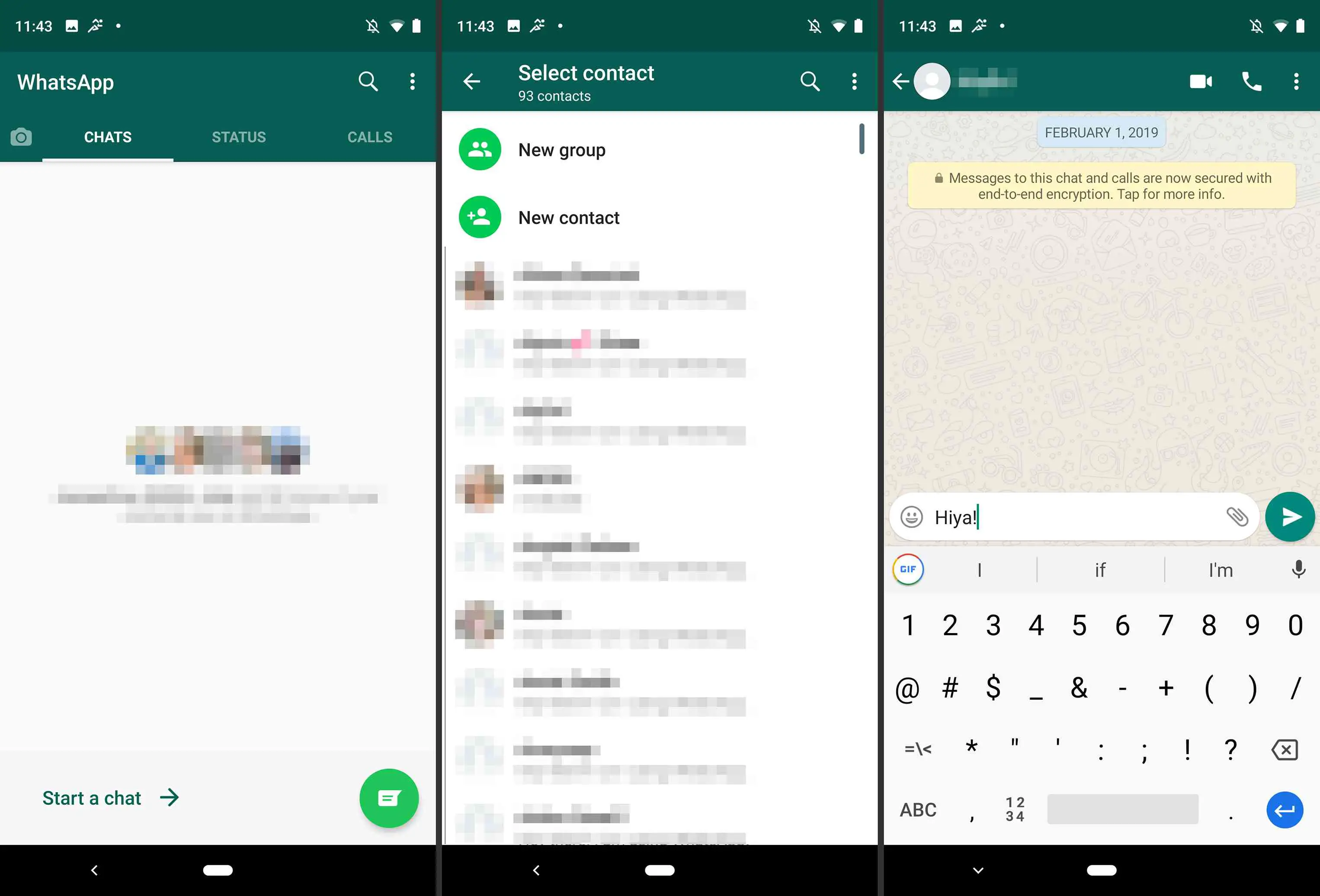 Três telas do WhatsApp para Android