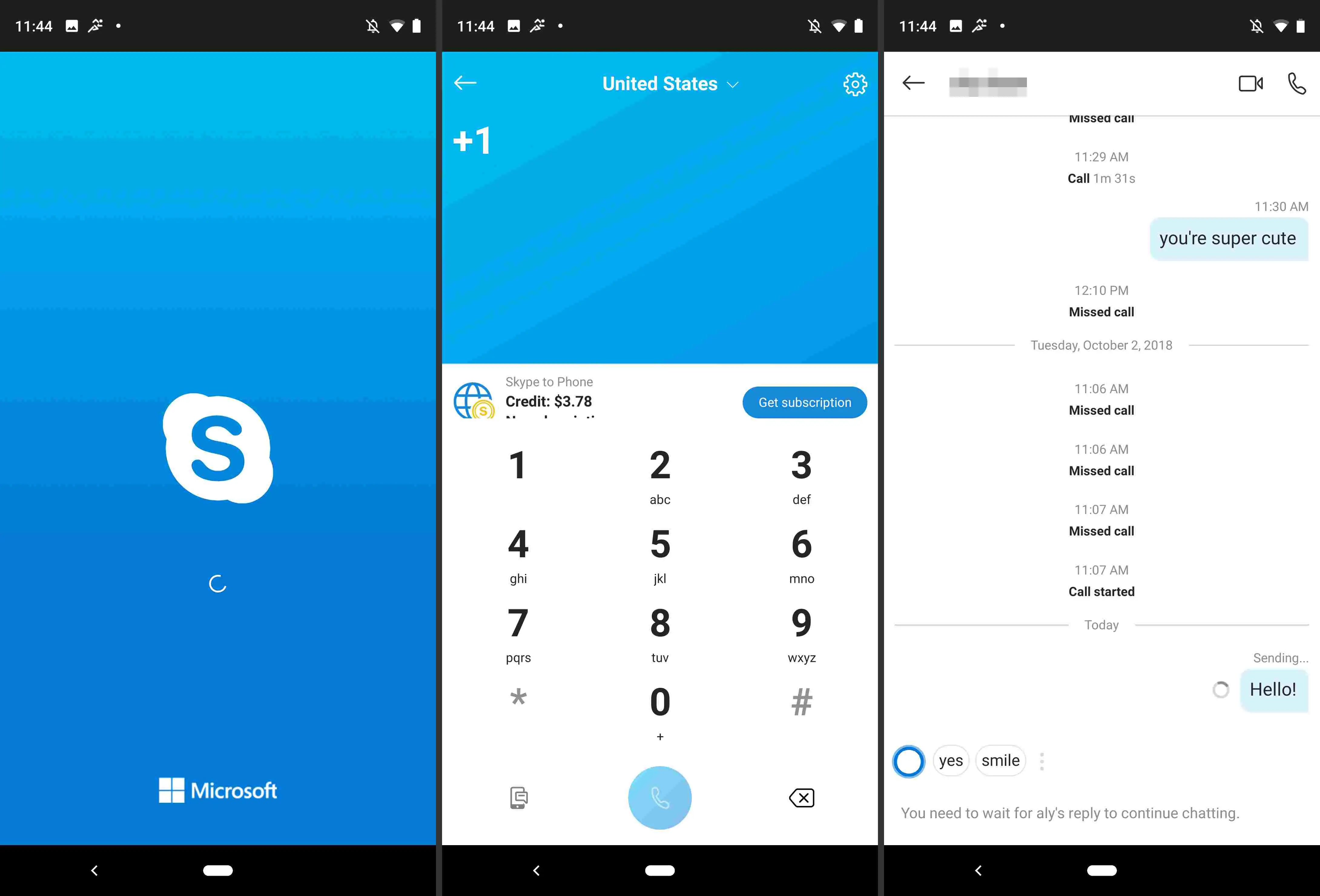 Três telas do Skype para Android