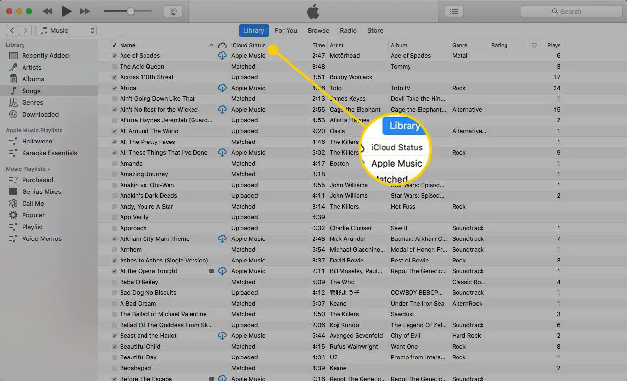 iTunes em um Mac com o cabeçalho Status do iCloud destacado