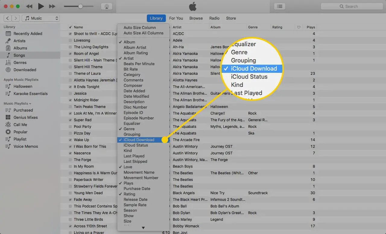 iTunes em um Mac com a configuração do menu de download do iCloud destacada